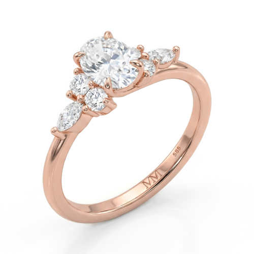 Olivette - forlovelsesring med moissanite i oval slip og sidesteiner i marquiseslip