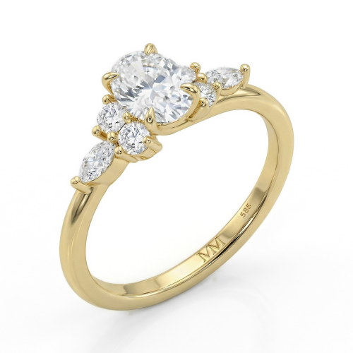 Olivette - forlovelsesring med moissanite i oval slip og sidesteiner i marquiseslip