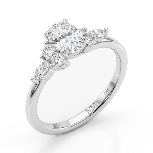 Olivette - forlovelsesring med moissanite i oval slip og sidesteiner i marquiseslip