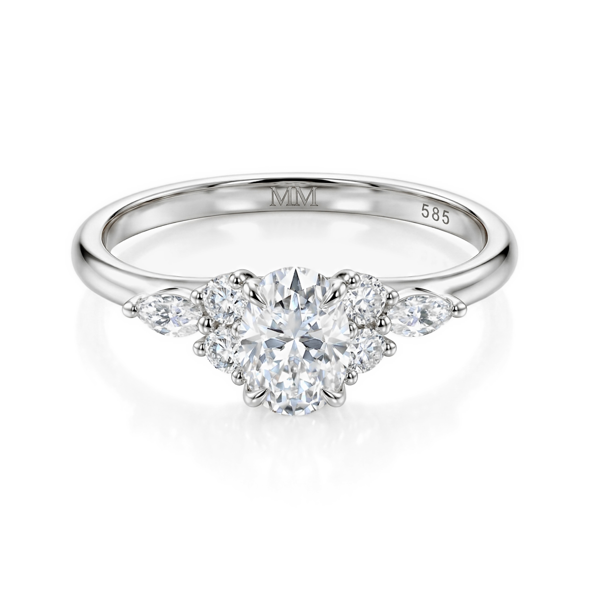 Olivette - forlovelsesring med moissanite i oval slip og sidesteiner i marquiseslip