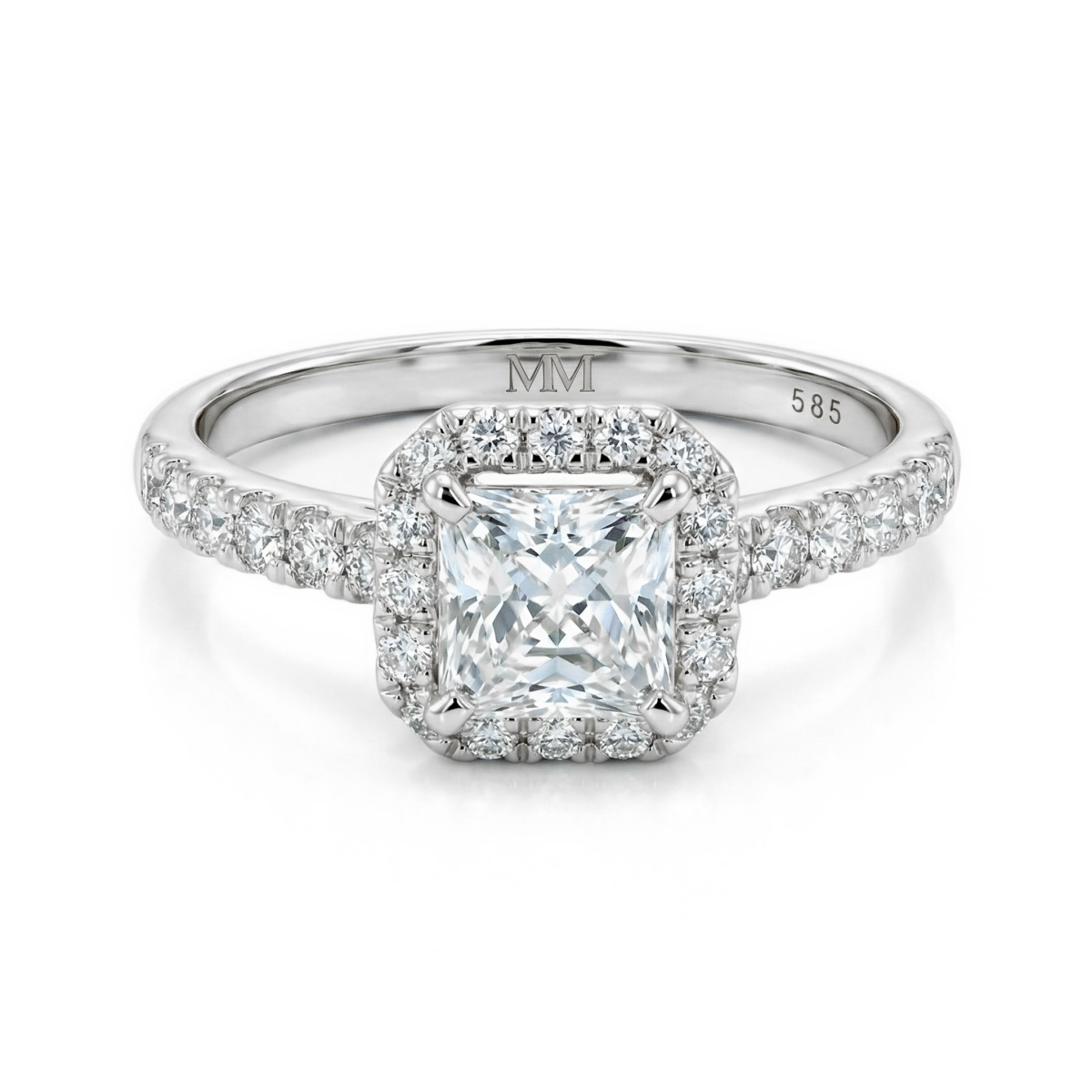 Regalia - haloring med prinsesseslipt moissanite og pavéfattet ringskinne