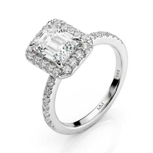 Esmeralda – ring med smaragdslipt moissanite i halofatning