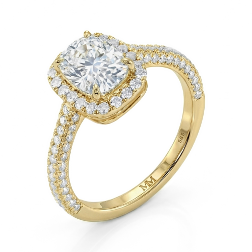 Plushette - forlovelsesring med moissanite i avlang puteslip, halo og ringskinne med mikropavé