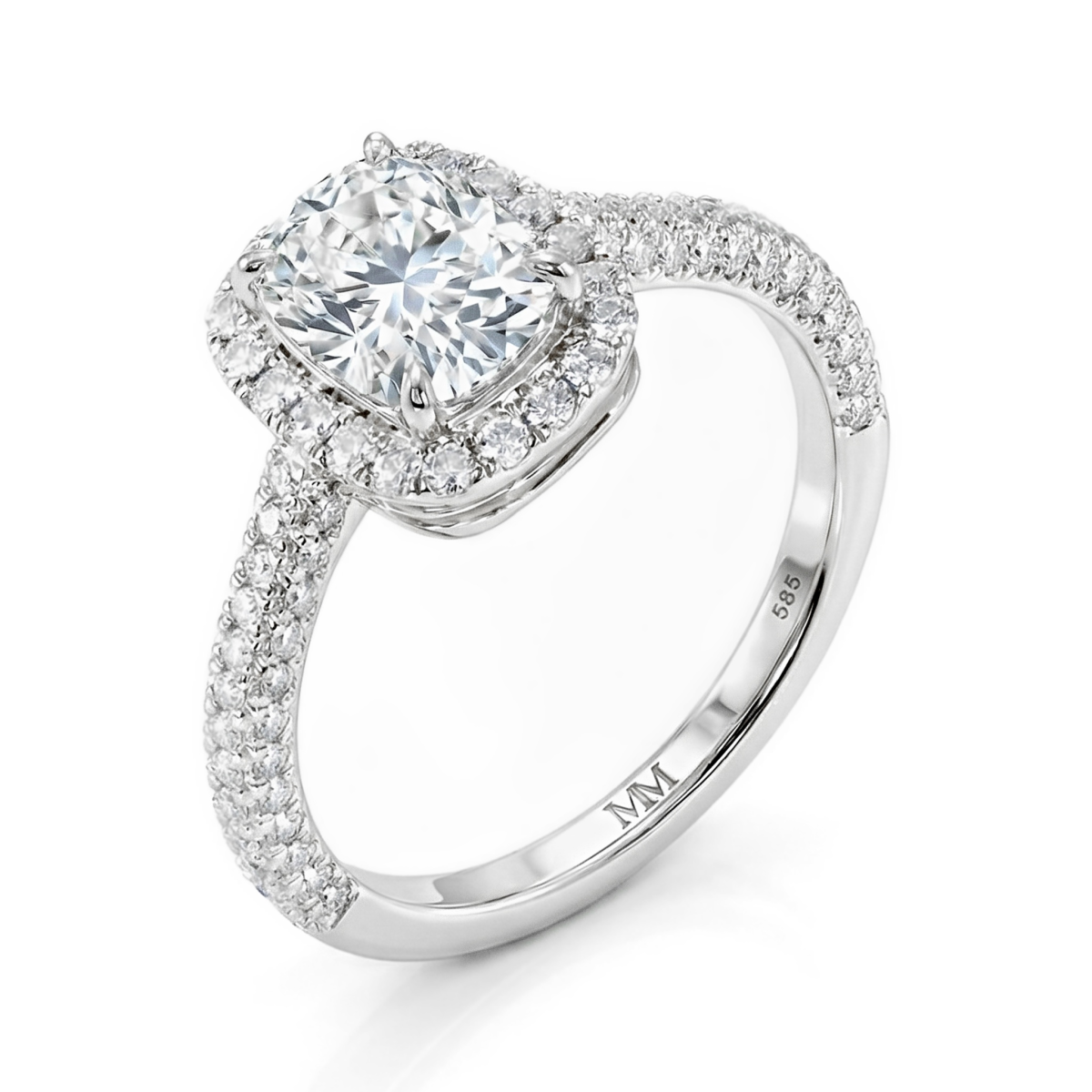 Plushette - forlovelsesring med moissanite i avlang puteslip, halo og ringskinne med mikropavé