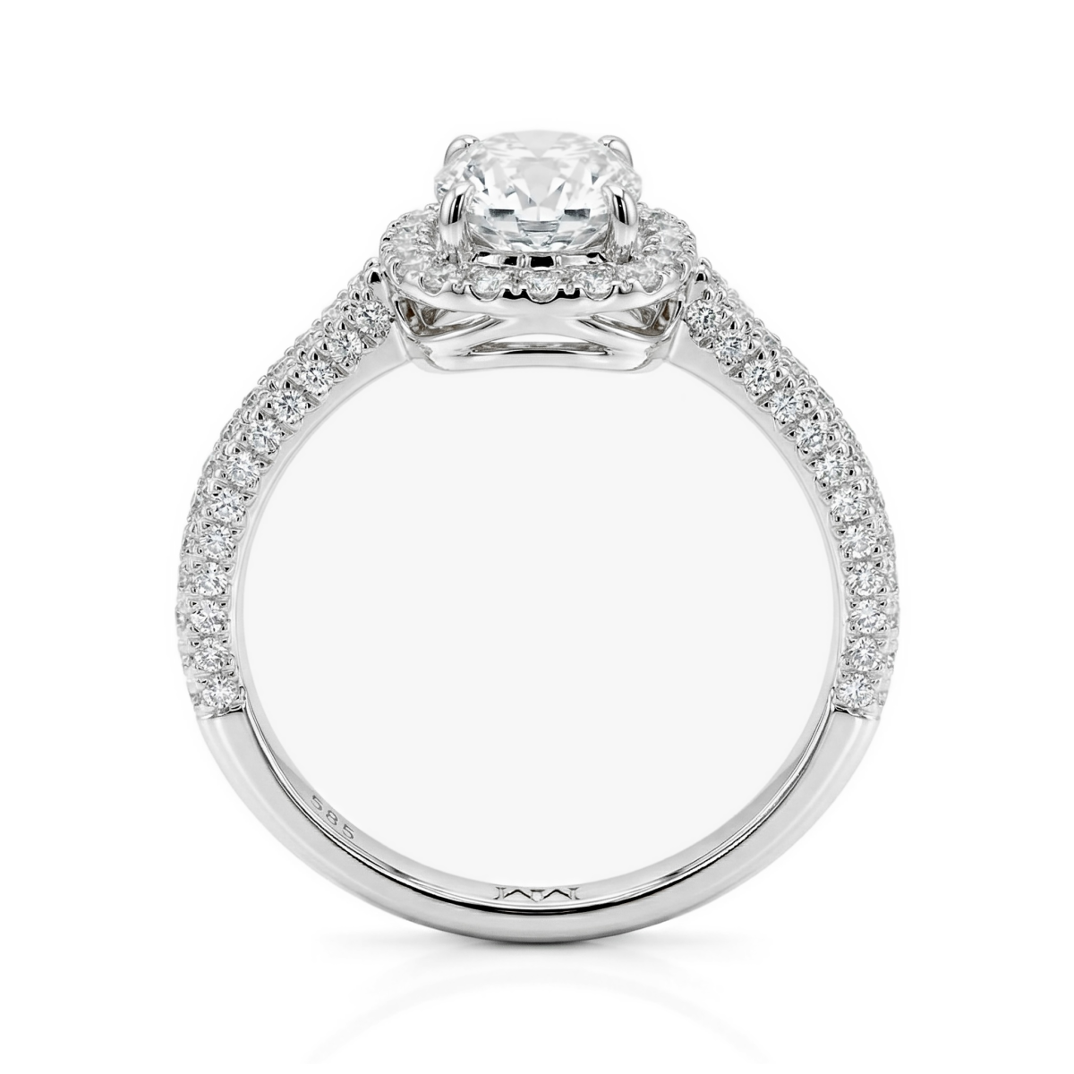 Plushette - forlovelsesring med moissanite i avlang puteslip, halo og ringskinne med mikropavé