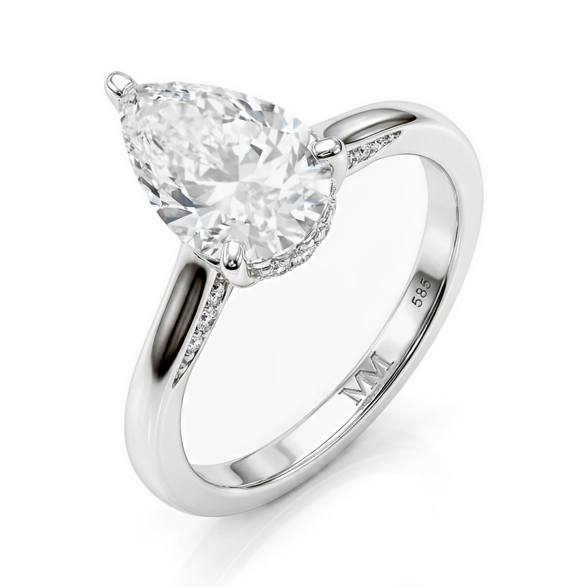 Poirine - ring med dråpeformet moissanite, skjult halo og pavéfattede aksentsteiner