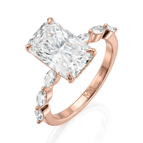 Luminaire - ring med radiantslipt moissanite, marquiseslipte sidesteiner og skjult halo