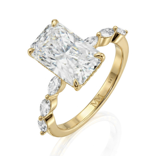 Luminaire - ring med radiantslipt moissanite, marquiseslipte sidesteiner og skjult halo