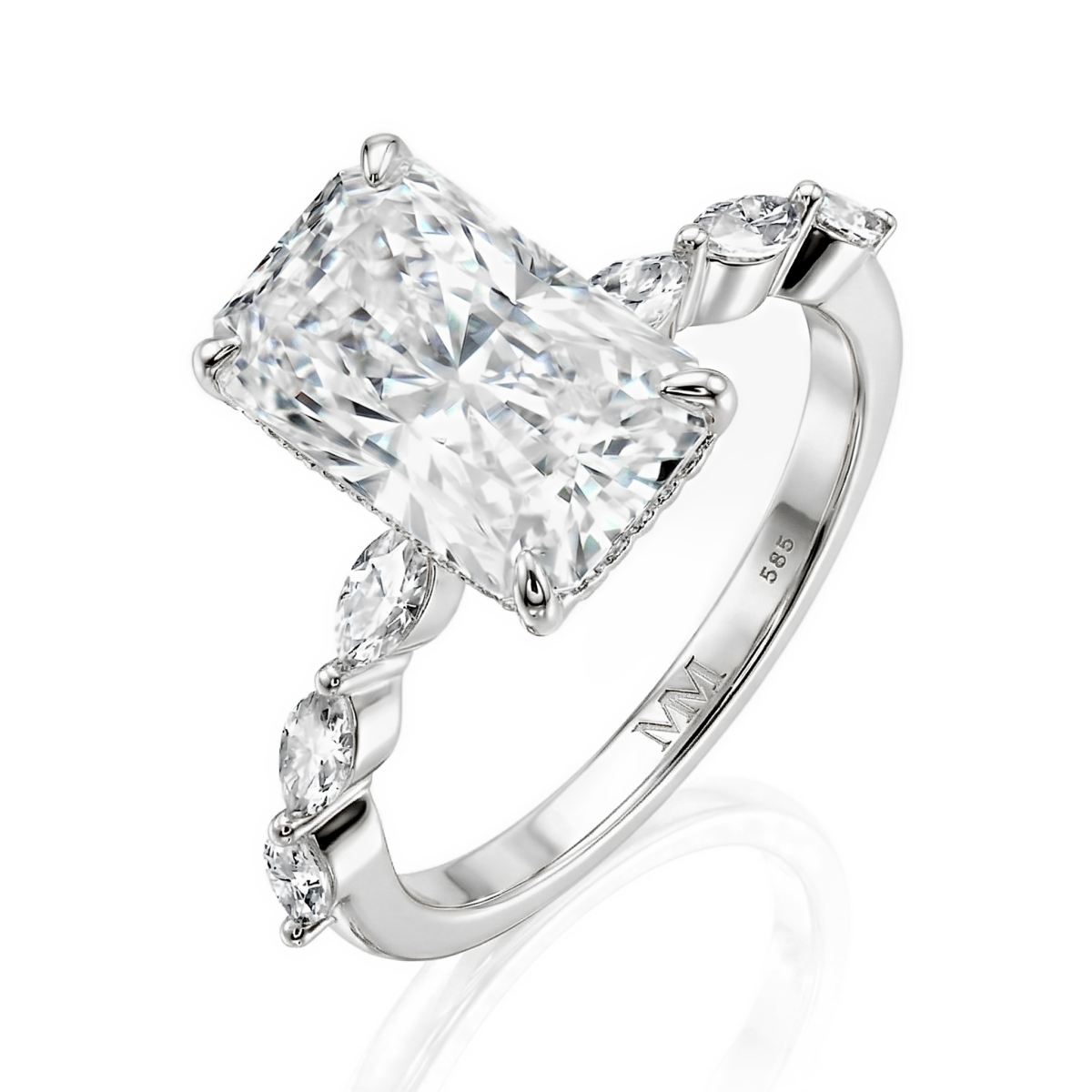 Luminaire - ring med radiantslipt moissanite, marquiseslipte sidesteiner og skjult halo