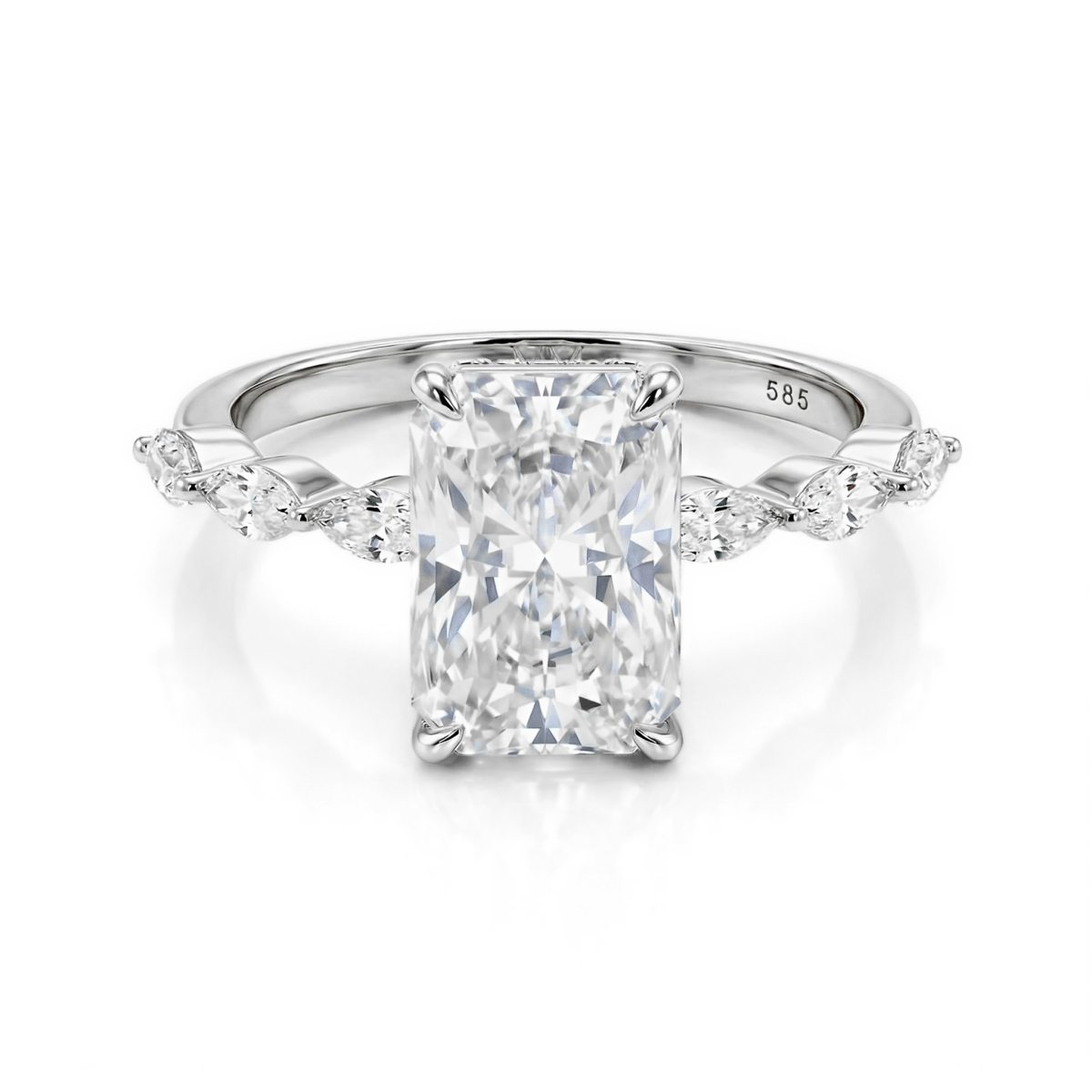 Luminaire - ring med radiantslipt moissanite, marquiseslipte sidesteiner og skjult halo