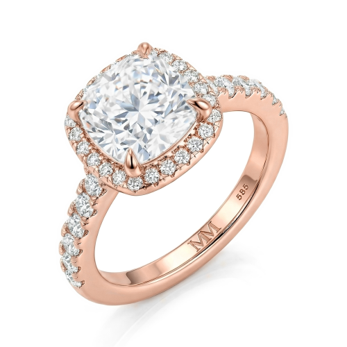 Candesce - halo-forlovelsesring med puteslipt moissanite og dekorert ringskinne
