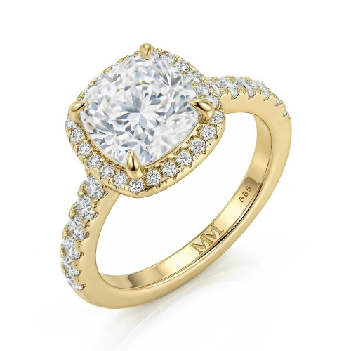 Candesce - halo-forlovelsesring med puteslipt moissanite og dekorert ringskinne
