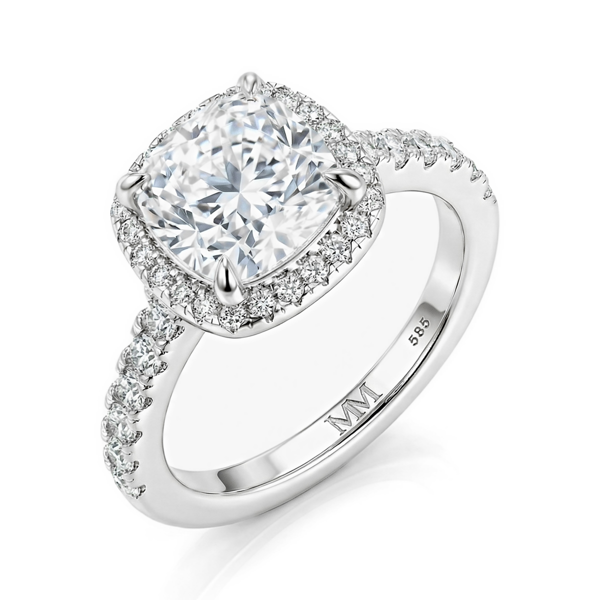 Candesce - halo-forlovelsesring med puteslipt moissanite og dekorert ringskinne