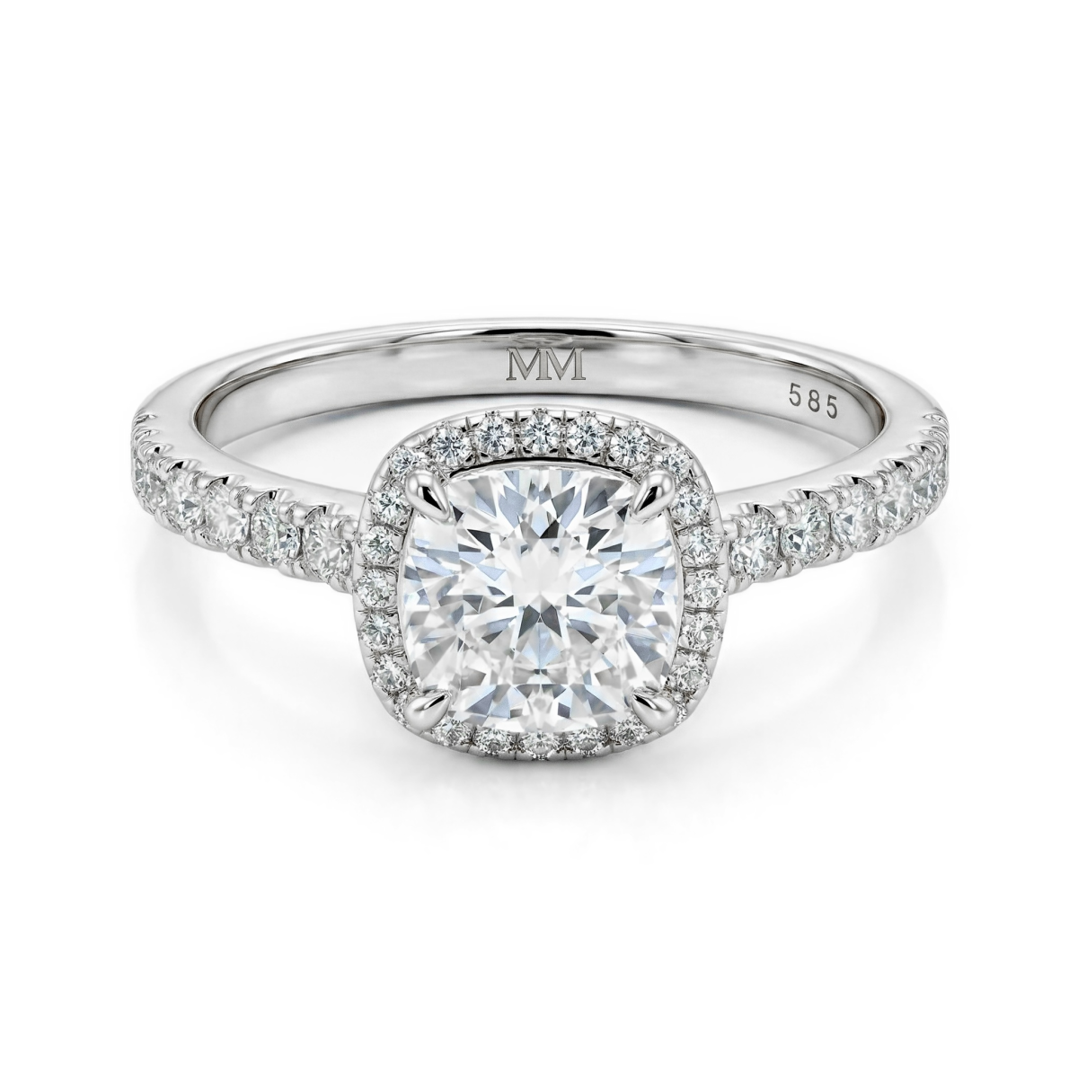 Candesce - halo-forlovelsesring med puteslipt moissanite og dekorert ringskinne
