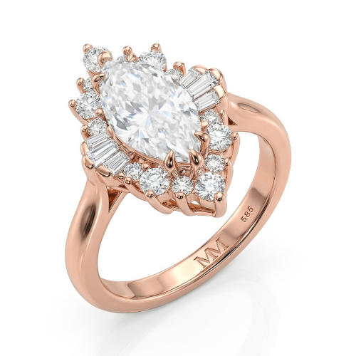 Crownique - forlovelsesring med moissanite i marquiseslip, halo og aksentsteiner med baguetteslip