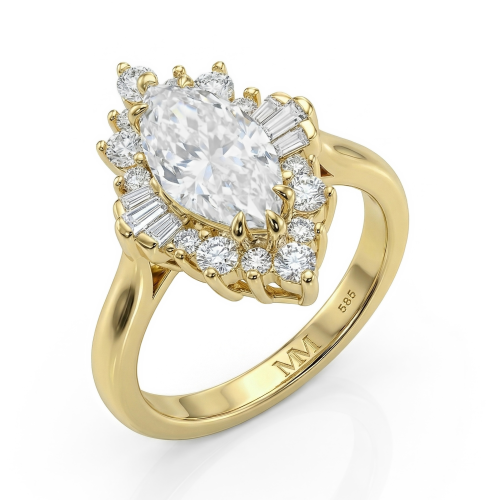 Crownique - forlovelsesring med moissanite i marquiseslip, halo og aksentsteiner med baguetteslip