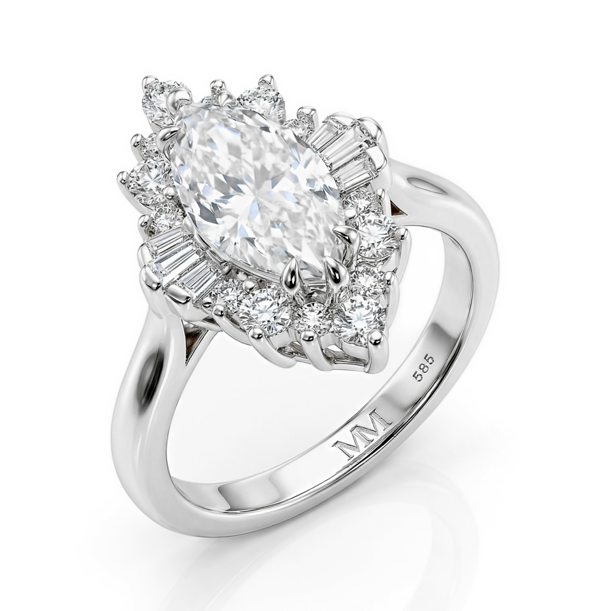 Crownique - forlovelsesring med moissanite i marquiseslip, halo og aksentsteiner med baguetteslip