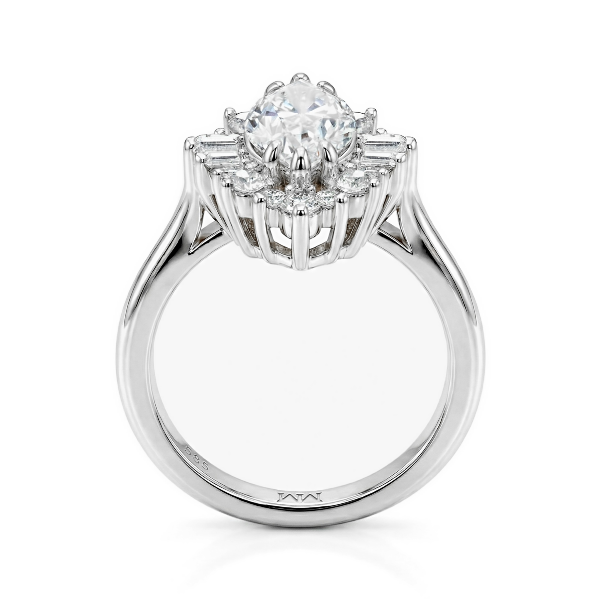 Crownique - forlovelsesring med moissanite i marquiseslip, halo og aksentsteiner med baguetteslip