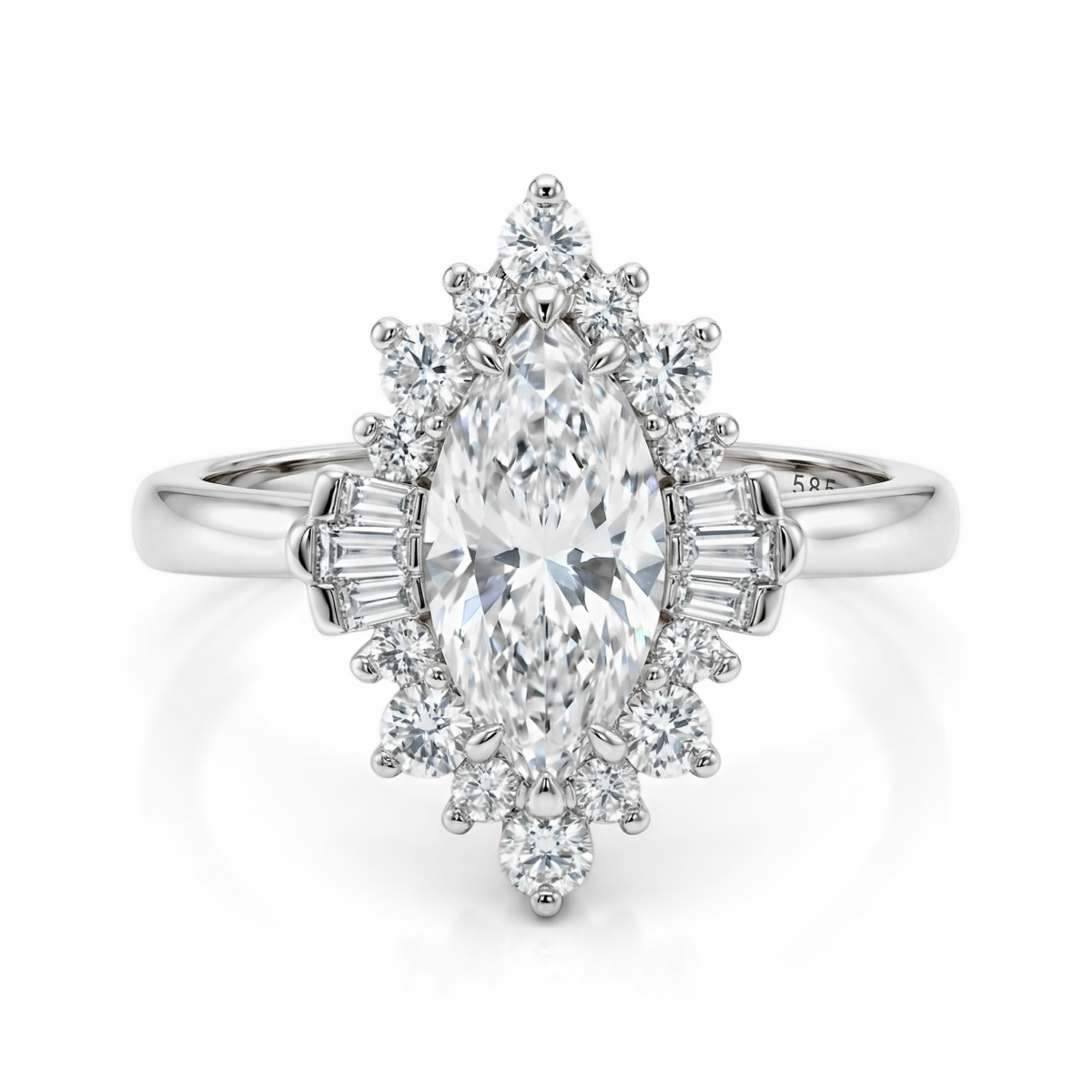 Crownique - forlovelsesring med moissanite i marquiseslip, halo og aksentsteiner med baguetteslip
