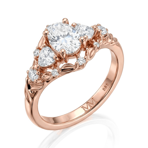 Gardenia - forlovelsesring med oval moissanite og hjerteformede og runde aksentsteiner