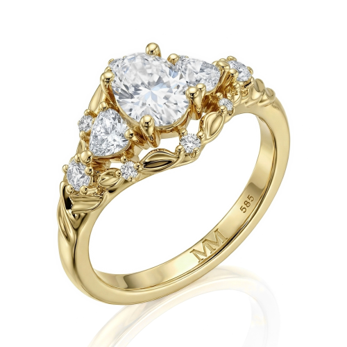 Gardenia - forlovelsesring med oval moissanite og hjerteformede og runde aksentsteiner