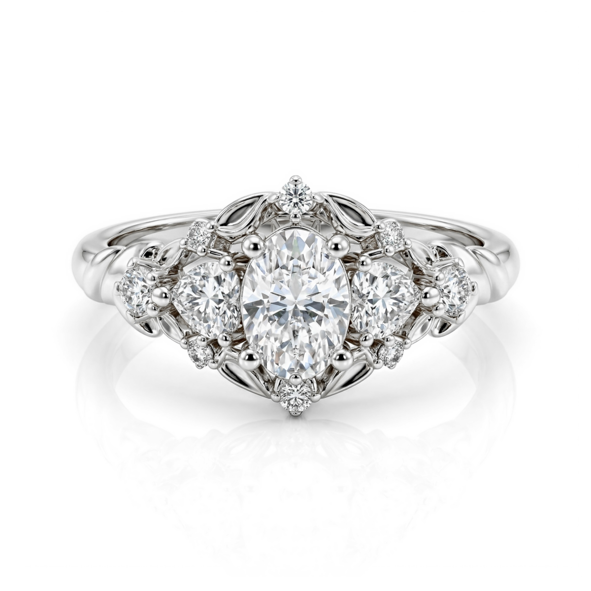 Gardenia - forlovelsesring med oval moissanite og hjerteformede og runde aksentsteiner