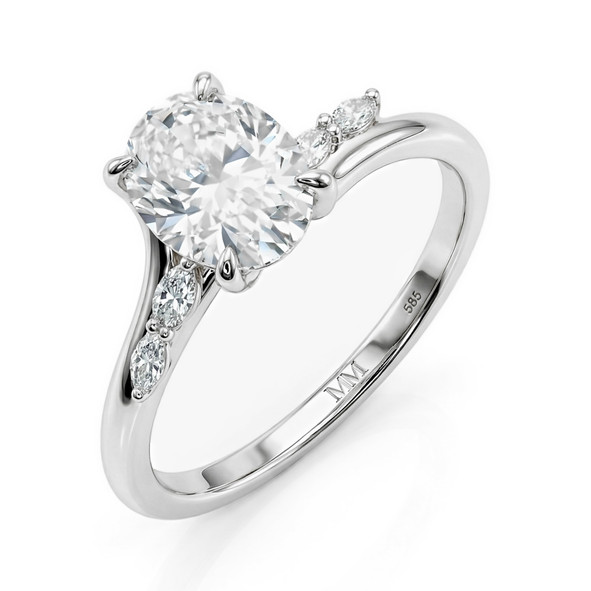 Viviette - forlovelsesring med ovalslipet moissanite og marquiseslipte aksentsteiner