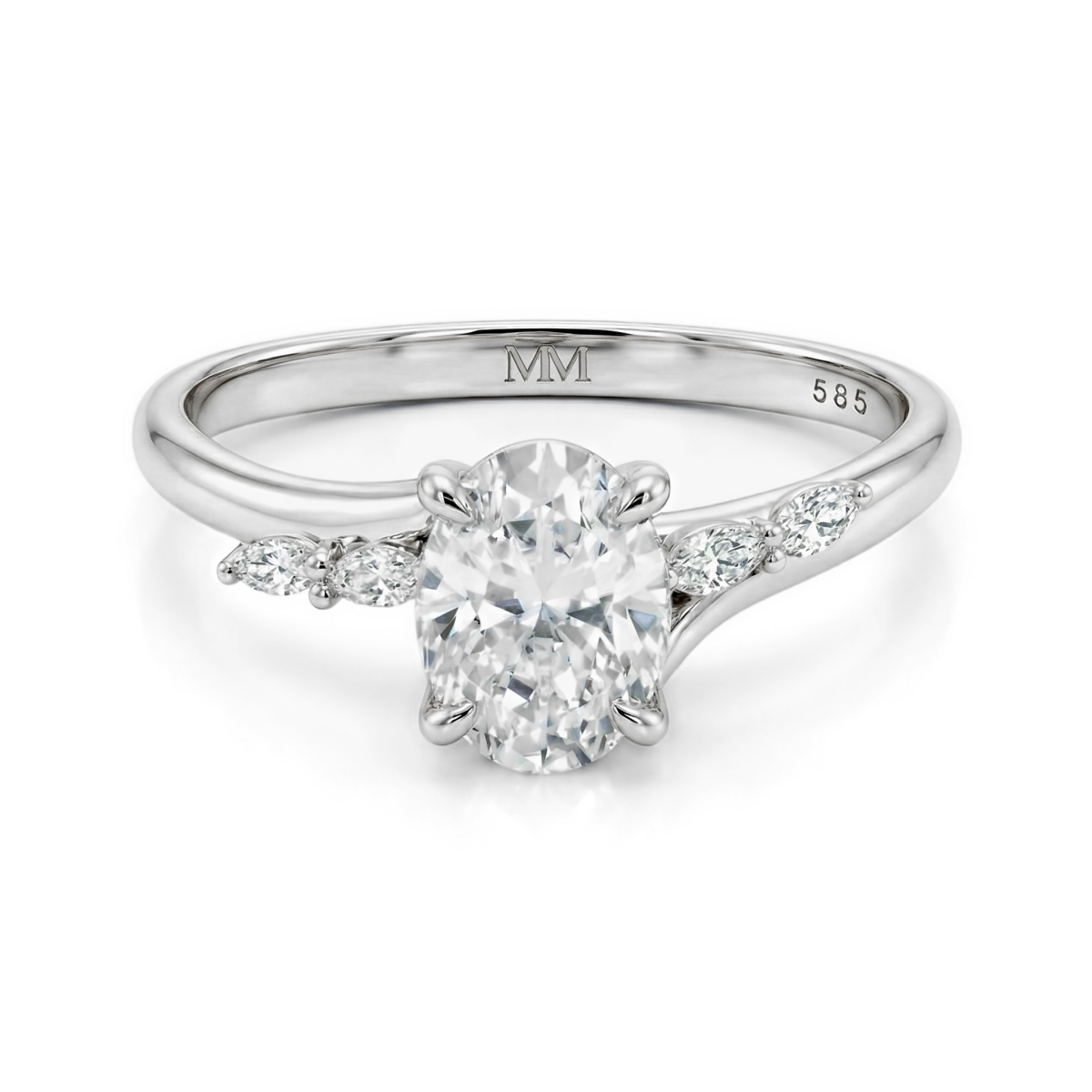 Viviette - forlovelsesring med ovalslipet moissanite og marquiseslipte aksentsteiner