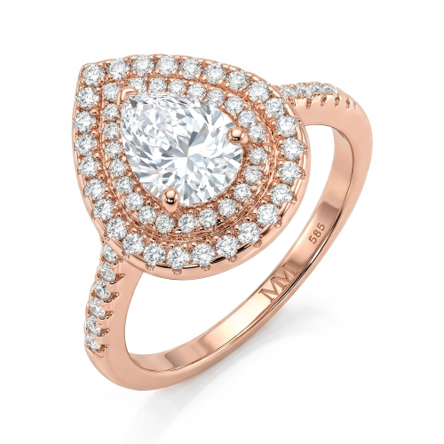 Athena - forlovelsesring med moissanite i dråpeformet slip, dobbel halo og pavéfattet ringskinne