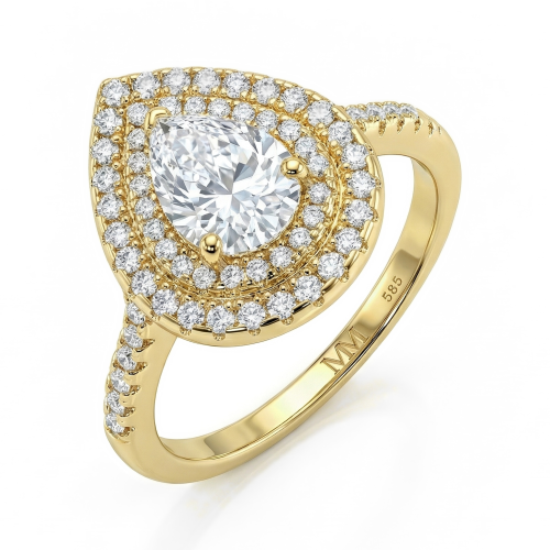 Athena - forlovelsesring med moissanite i dråpeformet slip, dobbel halo og pavéfattet ringskinne
