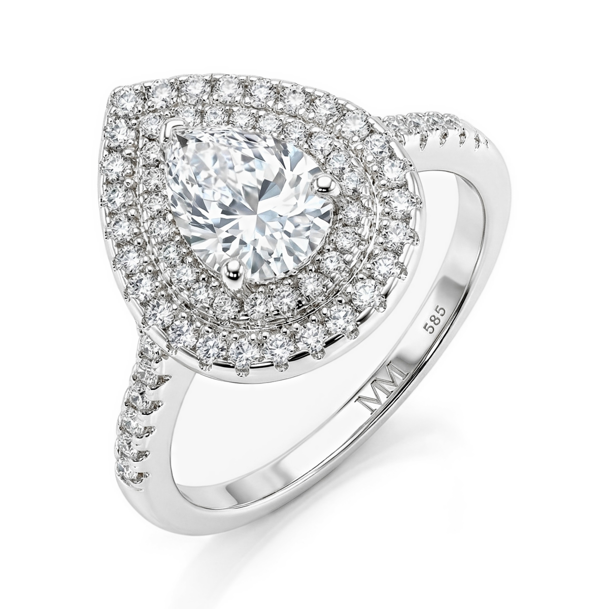 Athena - forlovelsesring med moissanite i dråpeformet slip, dobbel halo og pavéfattet ringskinne