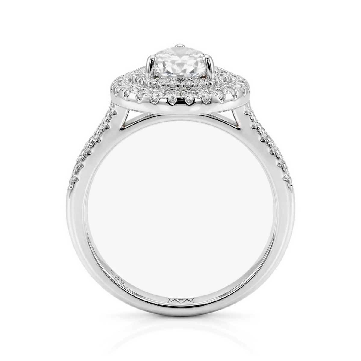 Athena - forlovelsesring med moissanite i dråpeformet slip, dobbel halo og pavéfattet ringskinne