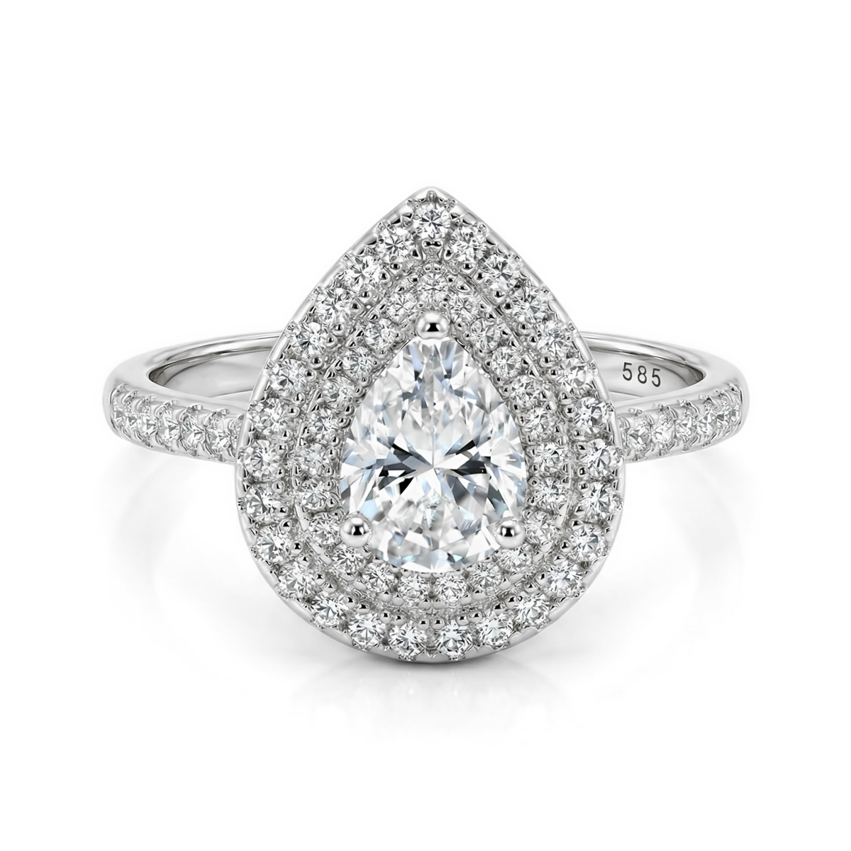 Athena - forlovelsesring med moissanite i dråpeformet slip, dobbel halo og pavéfattet ringskinne