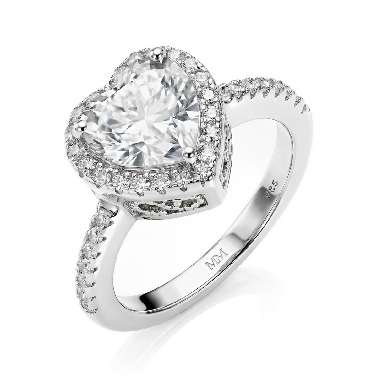 Heartshine - ring med hjerteformet moissanite, halo og sidesteiner