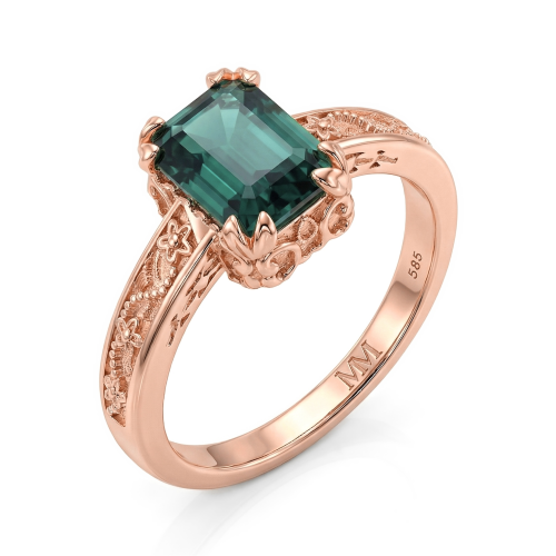Verdisia - floral forlovelsesring i vintagestil med grønn moissanite med smaragdslip