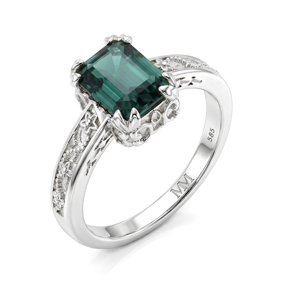 Verdisia - floral forlovelsesring i vintagestil med grønn moissanite med smaragdslip