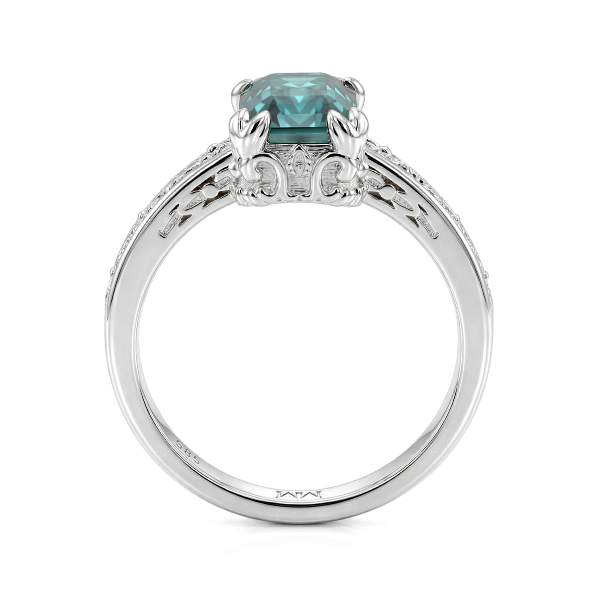 Verdisia - floral forlovelsesring i vintagestil med grønn moissanite med smaragdslip