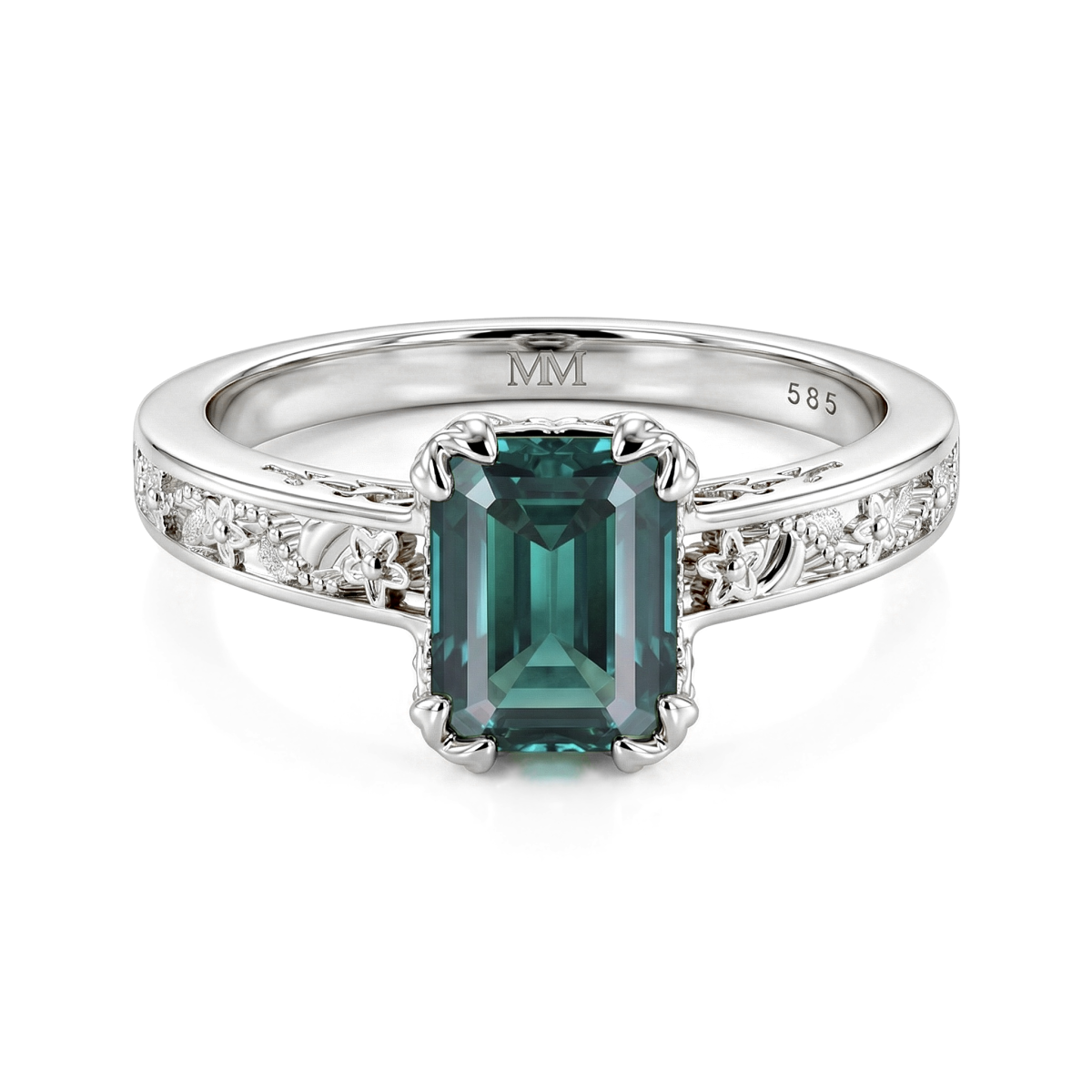 Verdisia - floral forlovelsesring i vintagestil med grønn moissanite med smaragdslip