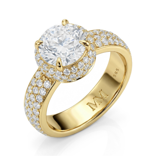Lustrella - forlovelsesring med moissanite, halo og pavéfattet ringskinne