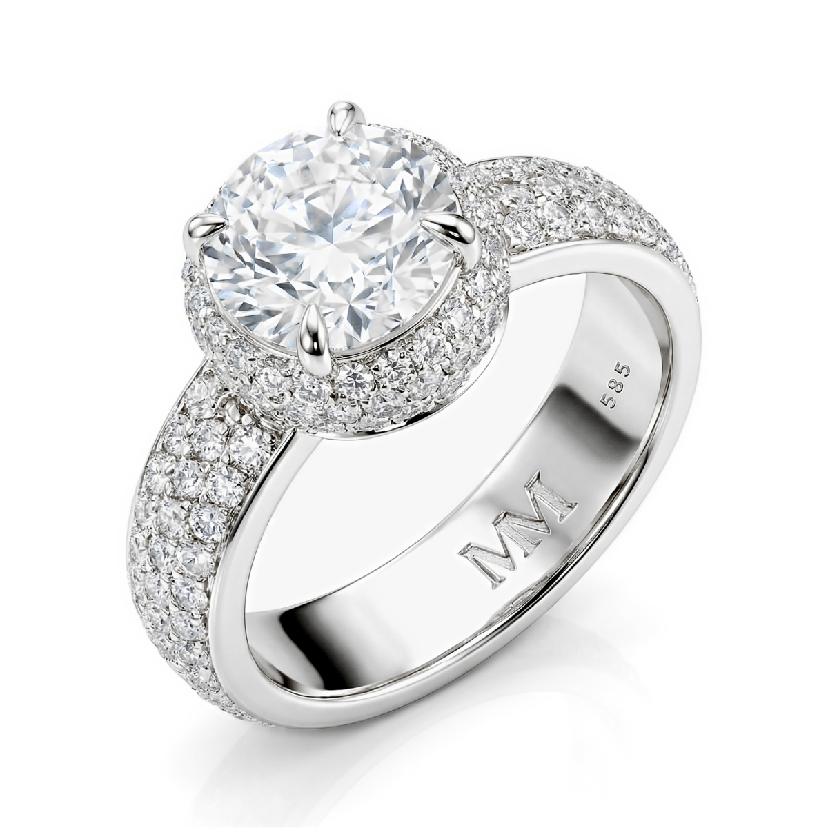 Lustrella - forlovelsesring med moissanite, halo og pavéfattet ringskinne