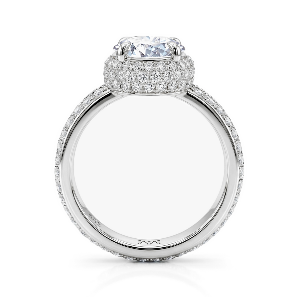 Lustrella - forlovelsesring med moissanite, halo og pavéfattet ringskinne