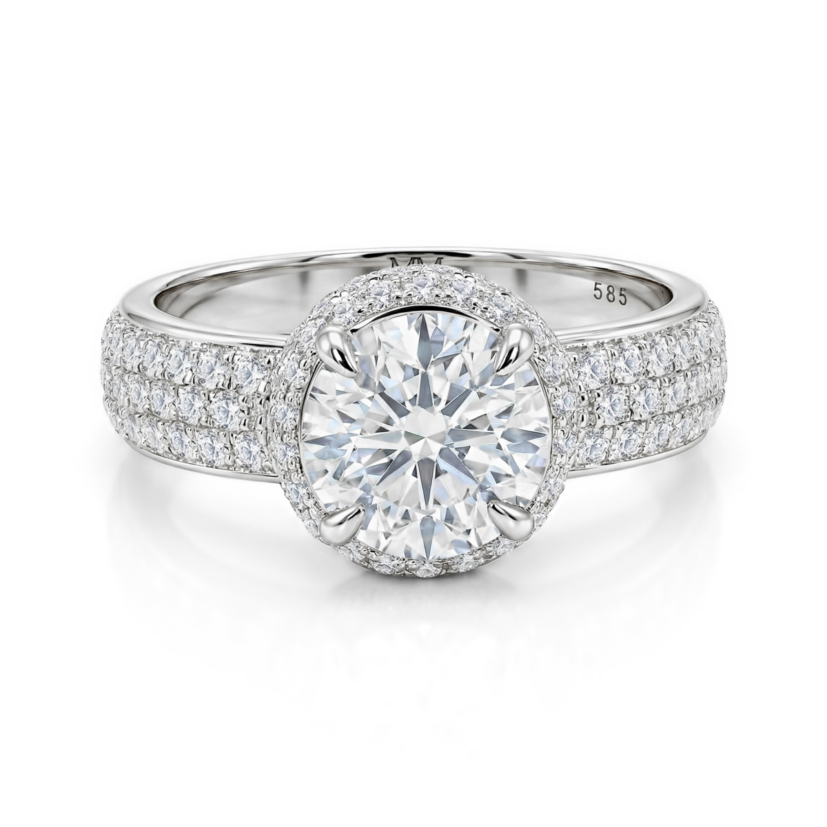 Lustrella - forlovelsesring med moissanite, halo og pavéfattet ringskinne