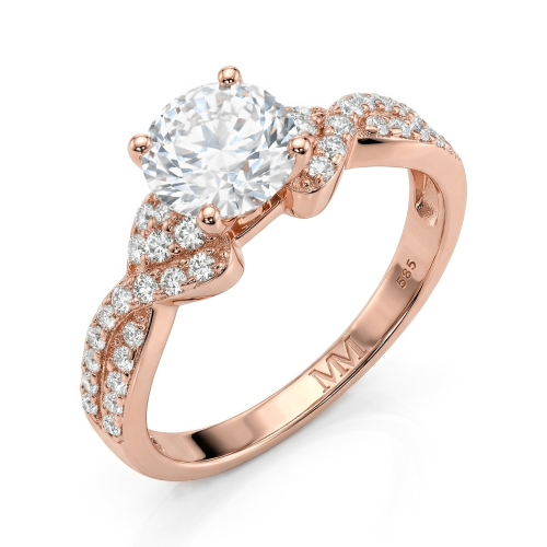Mirari - forlovelsesring med moissanite, tvunnet delt ringskinne og pavéfattede aksentsteiner