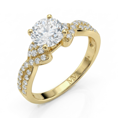 Mirari - forlovelsesring med moissanite, tvunnet delt ringskinne og pavéfattede aksentsteiner