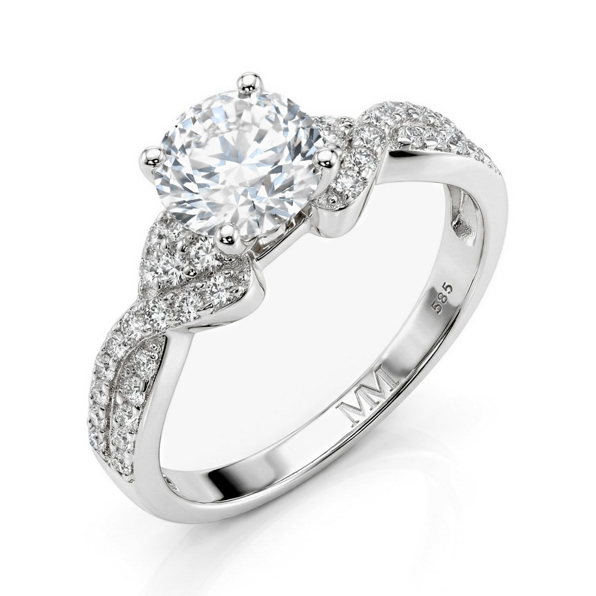 Mirari - forlovelsesring med moissanite, tvunnet delt ringskinne og pavéfattede aksentsteiner