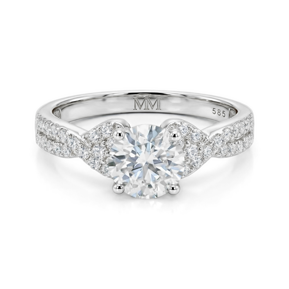 Mirari - forlovelsesring med moissanite, tvunnet delt ringskinne og pavéfattede aksentsteiner