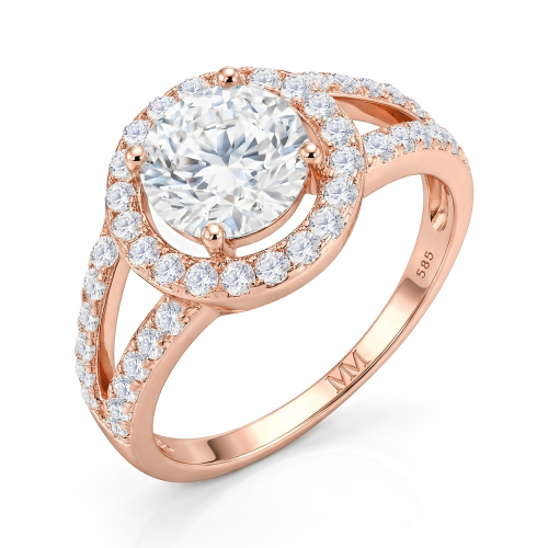 Regalyn - forlovelsesring med moissanite, halo og design med delt ringskinne