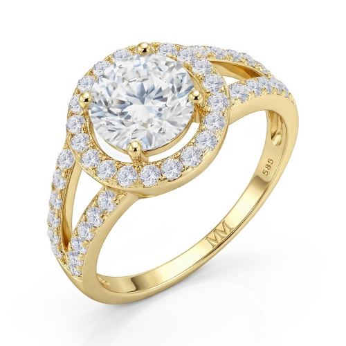 Regalyn - forlovelsesring med moissanite, halo og design med delt ringskinne