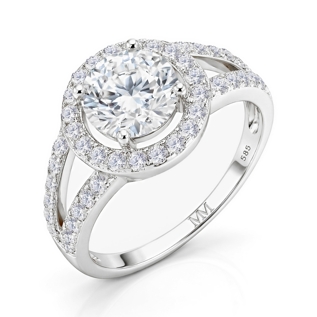Regalyn - forlovelsesring med moissanite, halo og design med delt ringskinne