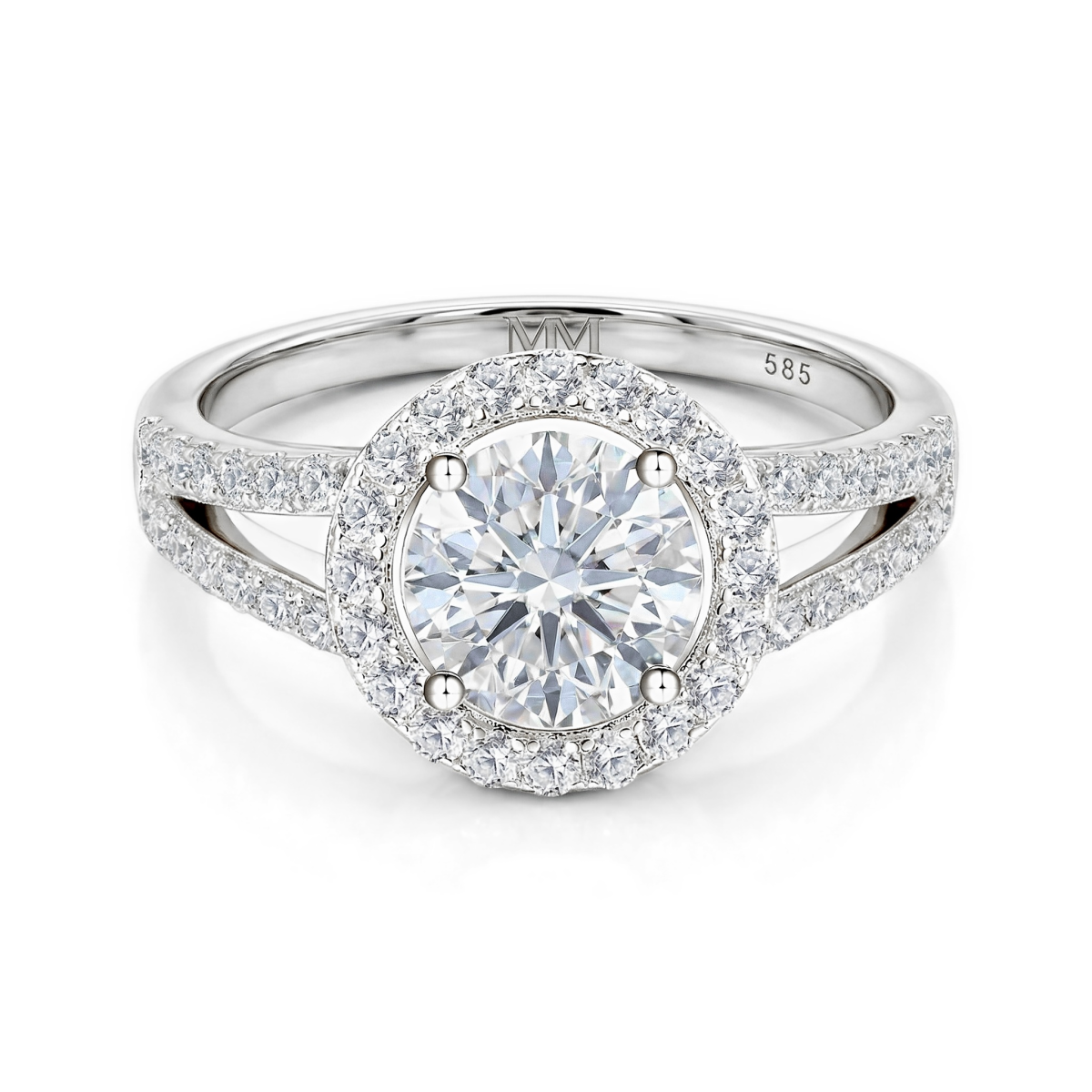 Regalyn - forlovelsesring med moissanite, halo og design med delt ringskinne